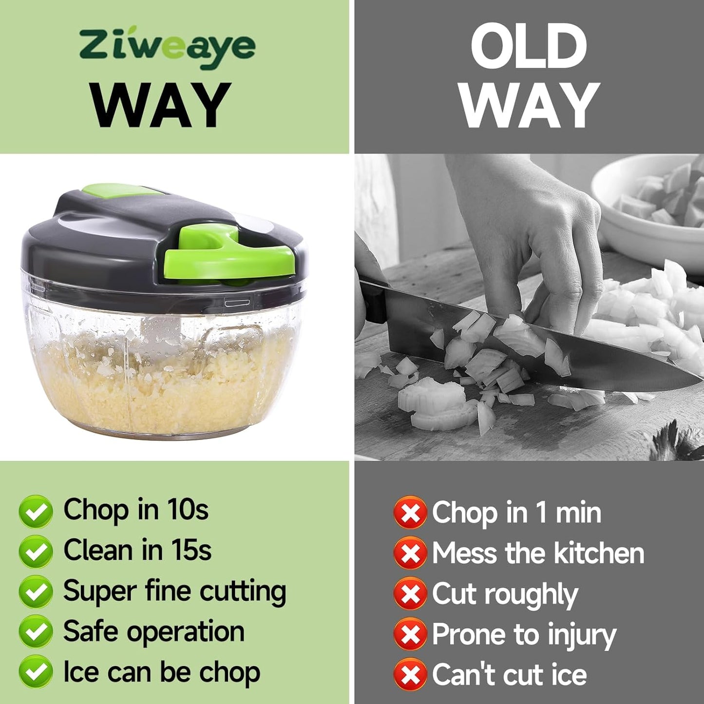 Skiennix Manual Food Processor - Portable Vegetable Chopper & Garlic Mincer | 500ml Gray-Green