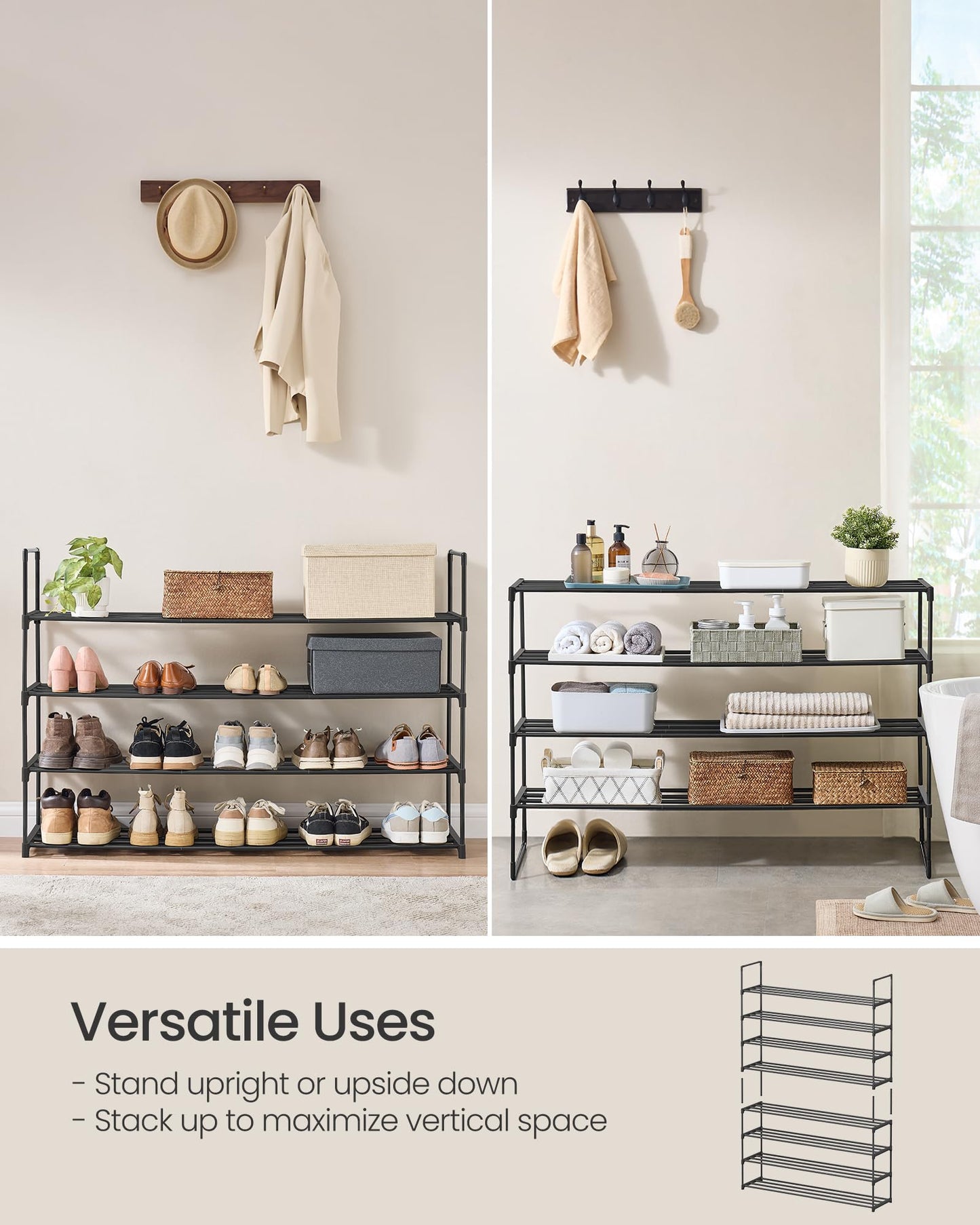 SONGMICS Shoe Rack, 4-Tier Shoe Organizer, Metal Storage Shelf, Upright or Upside Down, for 25-30 Pairs, Stackable, for Entryway, 11.8 x 46.1 x 28.4 Inches, Black ULSA034B01