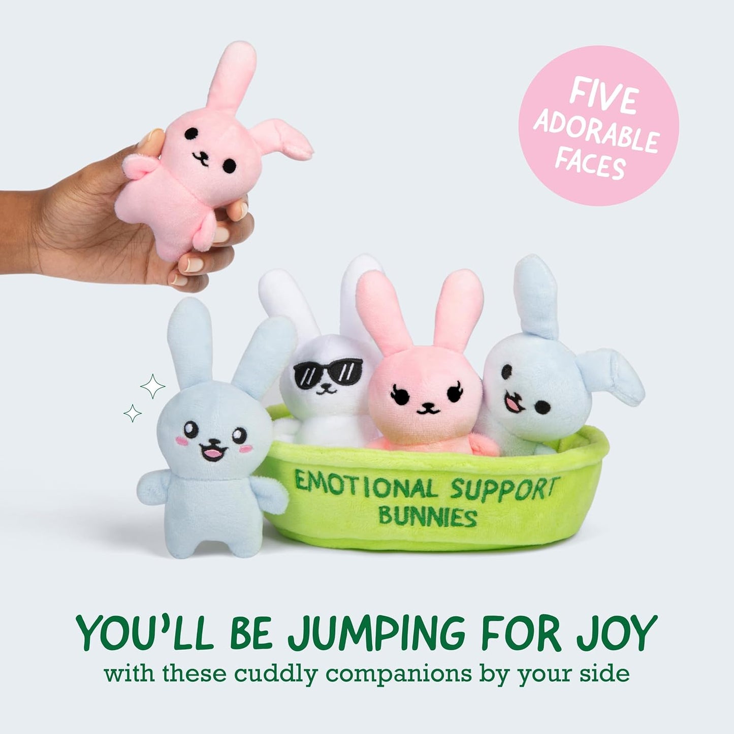 WHAT DO YOU MEME? Emotional Support Bunnies - Cuddly Plush Toys for All Ages | Set of 5 with Basket