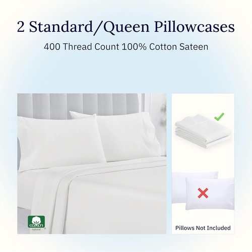 California Design Den Pillowcase Set | Standard Queen Size, 400 Thread Count, 100% Cotton Sateen, Soft Antique White - Set of 2