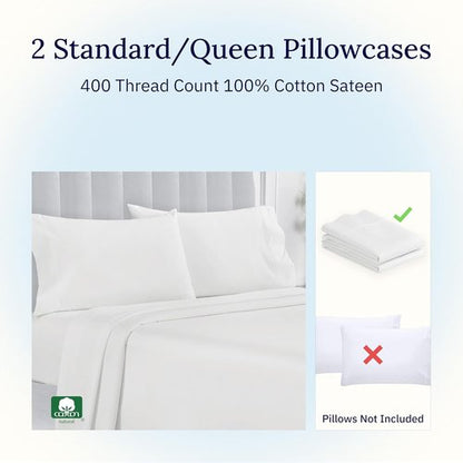 California Design Den Pillowcase Set | Standard Queen Size, 400 Thread Count, 100% Cotton Sateen, Soft Antique White - Set of 2
