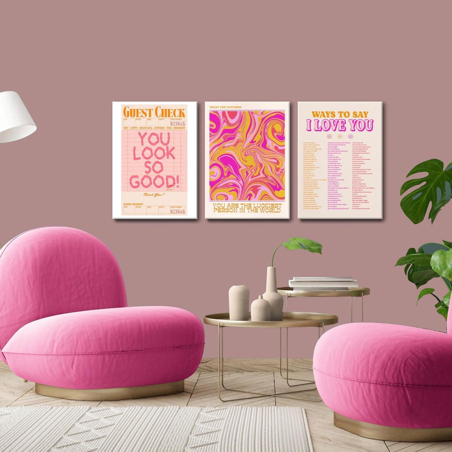 Pink Wall Decor - Abstract Canvas Art Set of 3 | Unique Love-Inspired Prints for Teen Girls | Framed 12x16''