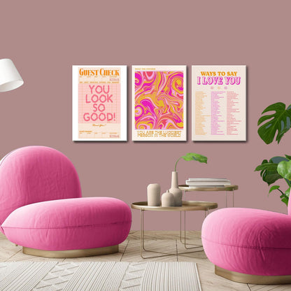 Pink Wall Decor - Abstract Canvas Art Set of 3 | Unique Love-Inspired Prints for Teen Girls | Framed 12x16''