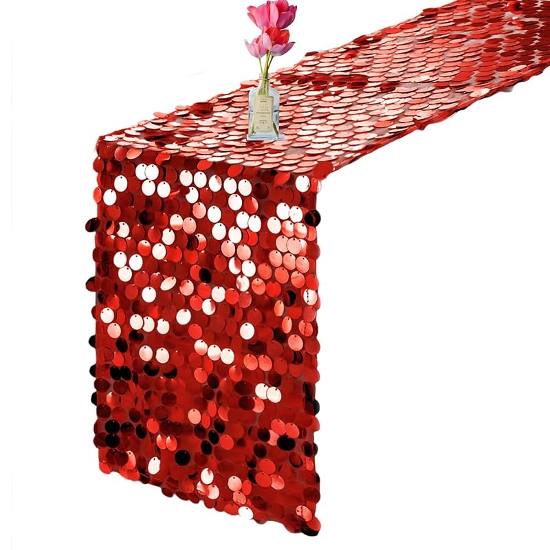 VHH Red Sequin Table Runner 12 x 108 Inches - Glitter Ribbon for Wedding Party