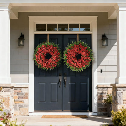 Skiennix 26" Large Artificial Eucalyptus Wreath - Realistic Faux Silk Morning Glory Flowers for Home & Wedding Decor (Red)