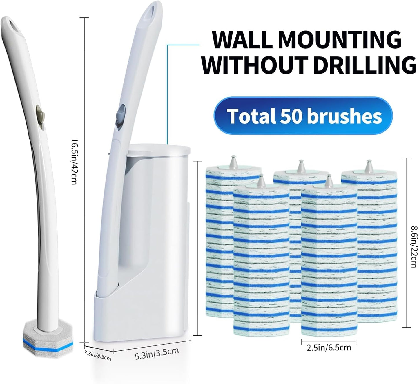 Skiennix Disposable Toilet Brush Cleaning System - 50 Refill Pads & Wall-Mounted Holder for Easy Maintenance