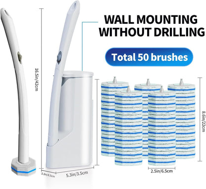 Skiennix Disposable Toilet Brush Cleaning System - 50 Refill Pads & Wall-Mounted Holder for Easy Maintenance