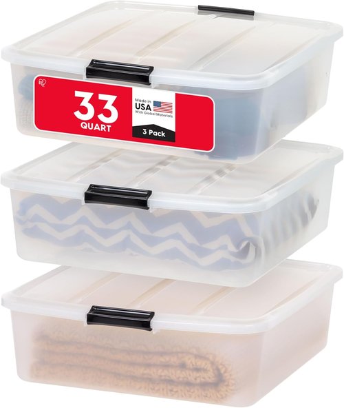 IRIS USA 33 Qt Under Bed Storage Organizer Bins - Durable Clear Containers with Secure Lids | 3 Pack