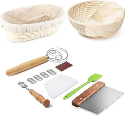 Dimpola Banneton Bread Proofing Basket Set - Handmade Rattan Sourdough Bowls (Oval & Round)