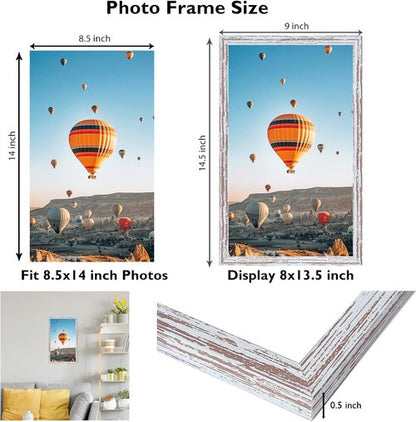 JCJMY Rustic White Picture Frame - 8.5x14 Wall Mounting for Horizontal or Vertical Display | Shatter-Resistant Plexiglass
