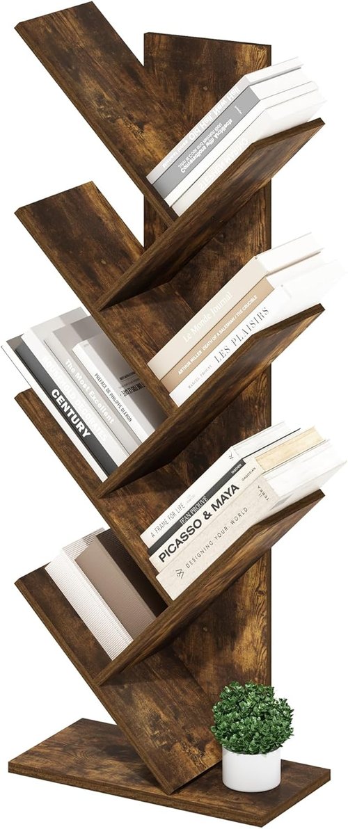 Furinno 7-Tier Tree Bookshelf - Stylish Angled Open Design for Room Decor | Amber Pine, 8.4 x 15.7 x 39.4