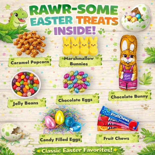 Dinosaur Easter Gift Basket For Kids, Boys, Girls - Filled with Easter Eggs, Candy, Chocolate - Care Package for Family and Friends