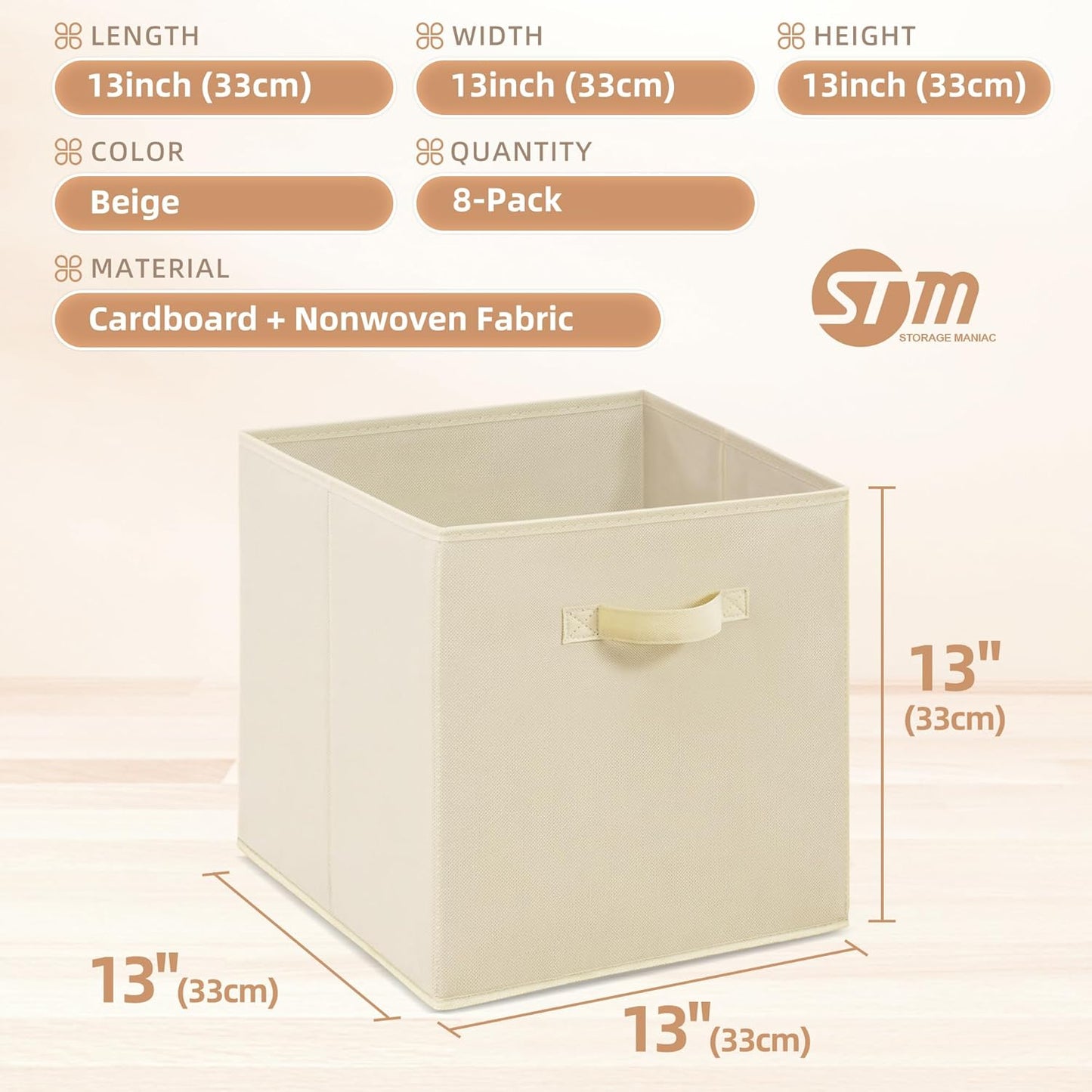 Storage Maniac Storage Cubes - 13-Inch Collapsible Fabric Bins with Handles | 8-Pack Beige for Easy Organization