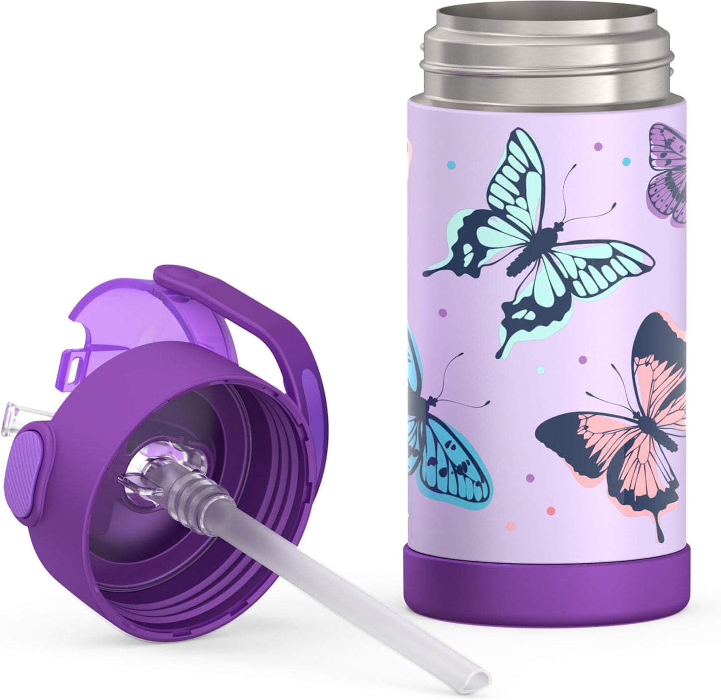 THERMOS FUNTAINER Water Bottle - 12 Ounce Kids Stainless Steel Vacuum Insulated with Straw | Butterfly Frenzy
