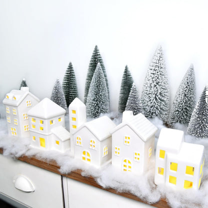 Regine Switzerland Ceramic Christmas Village Houses Set - 5 White Houses, 9 Trees & Fake Snow for Festive Indoor Decor