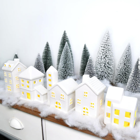 Regine Switzerland Ceramic Christmas Village Houses Set - 5 White Houses, 9 Trees & Fake Snow for Festive Indoor Decor