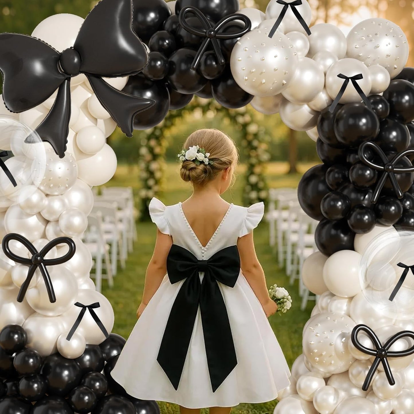 Skiennix Black Bow Birthday Decorations - 187-Piece Black and White Balloon Arch Kit with Pearl Balloons & Ribbons
