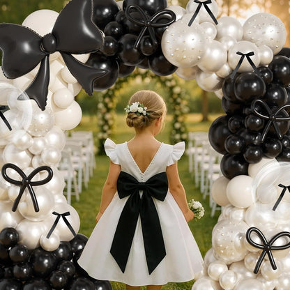Skiennix Black Bow Birthday Decorations - 187-Piece Black and White Balloon Arch Kit with Pearl Balloons & Ribbons