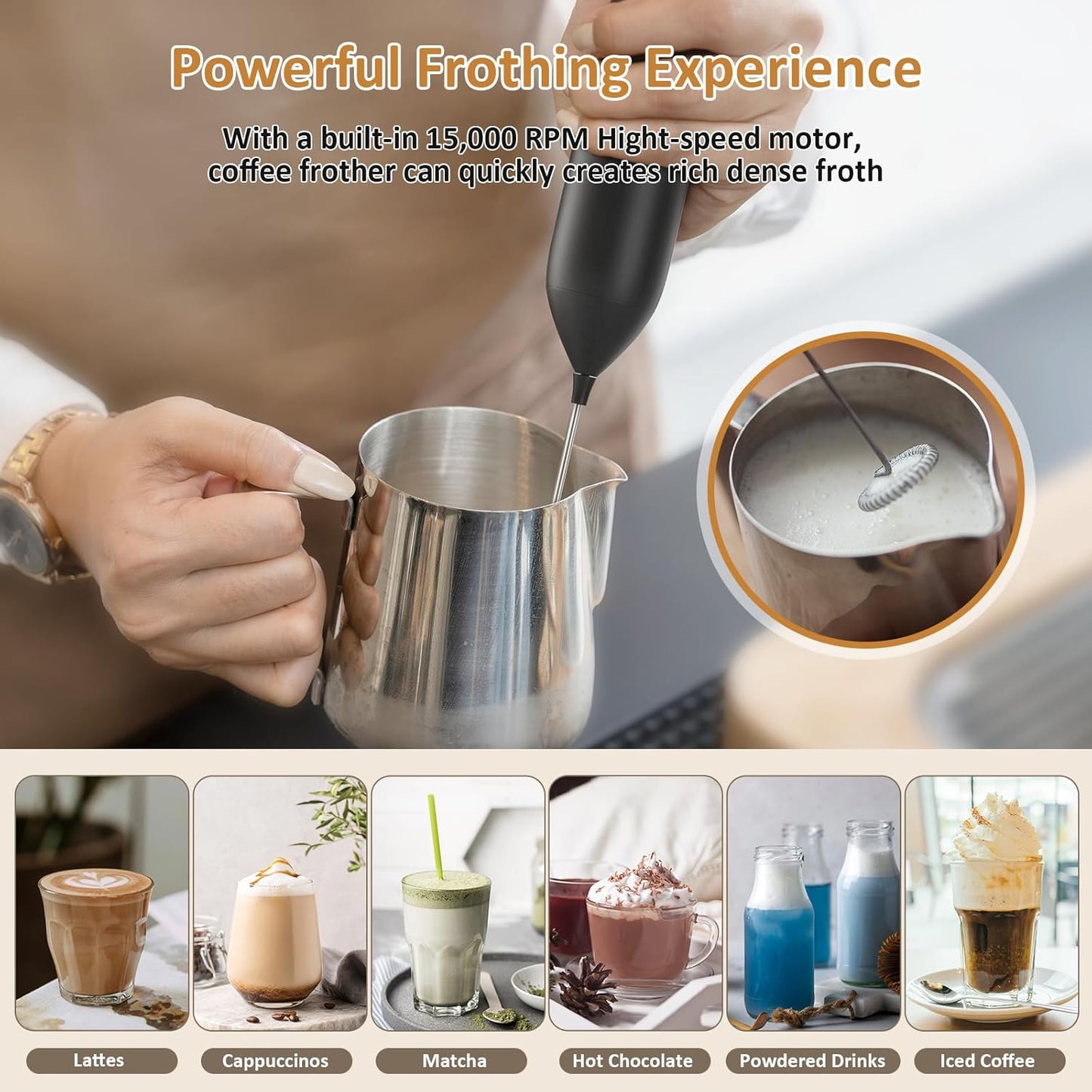 Skiennix Rechargeable Milk Frother - Powerful Handheld USB Type-C Foam Maker | Mini Mixer for Coffee & Lattes
