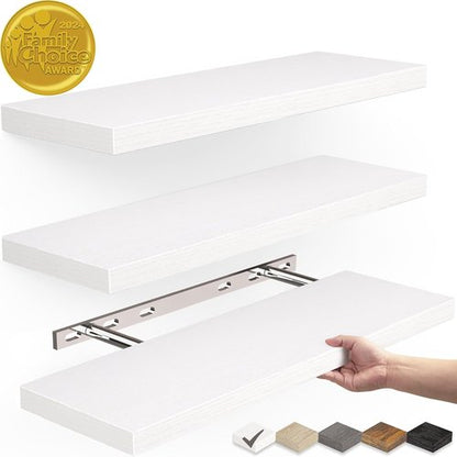 BAYKA Floating Wall Shelves - Rustic Wood Storage Solution for Home Decor | Set of 3, 15.7in, White