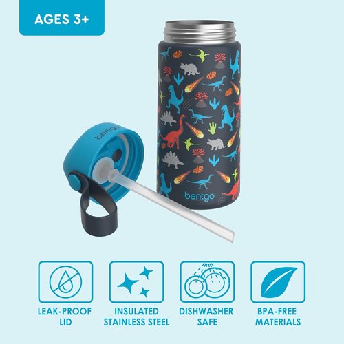 Bentgo® Kids Stainless Steel Water Bottle - Leak-Proof & Insulated, Keeps Cool 12 Hours | 14 oz. Dinosaur Design for Ages 3+