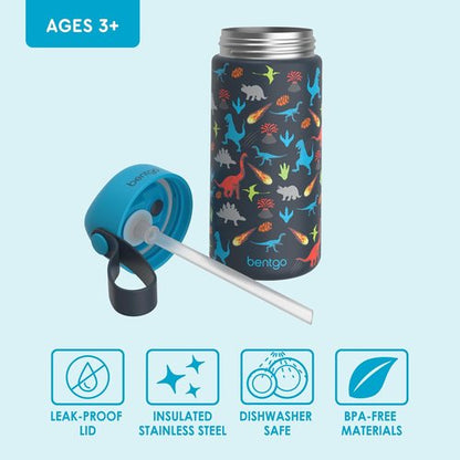 Bentgo® Kids Stainless Steel Water Bottle - Leak-Proof & Insulated, Keeps Cool 12 Hours | 14 oz. Dinosaur Design for Ages 3+