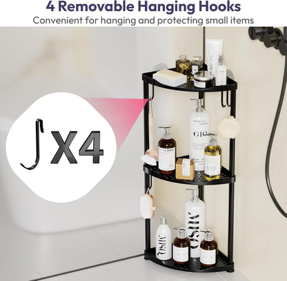 SWTYMIKI Corner Shower Caddy - 3-Tier Stainless Steel Organizer Stand with 4 Hooks | Rustproof Black Finish