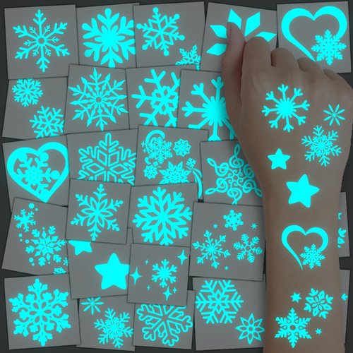 CHARLENT Blue Luminous Snowflake Temporary Tattoos - 74 Sheets of White Snowflake Designs for Kids & Adults | Perfect for Winter & Christmas Parties