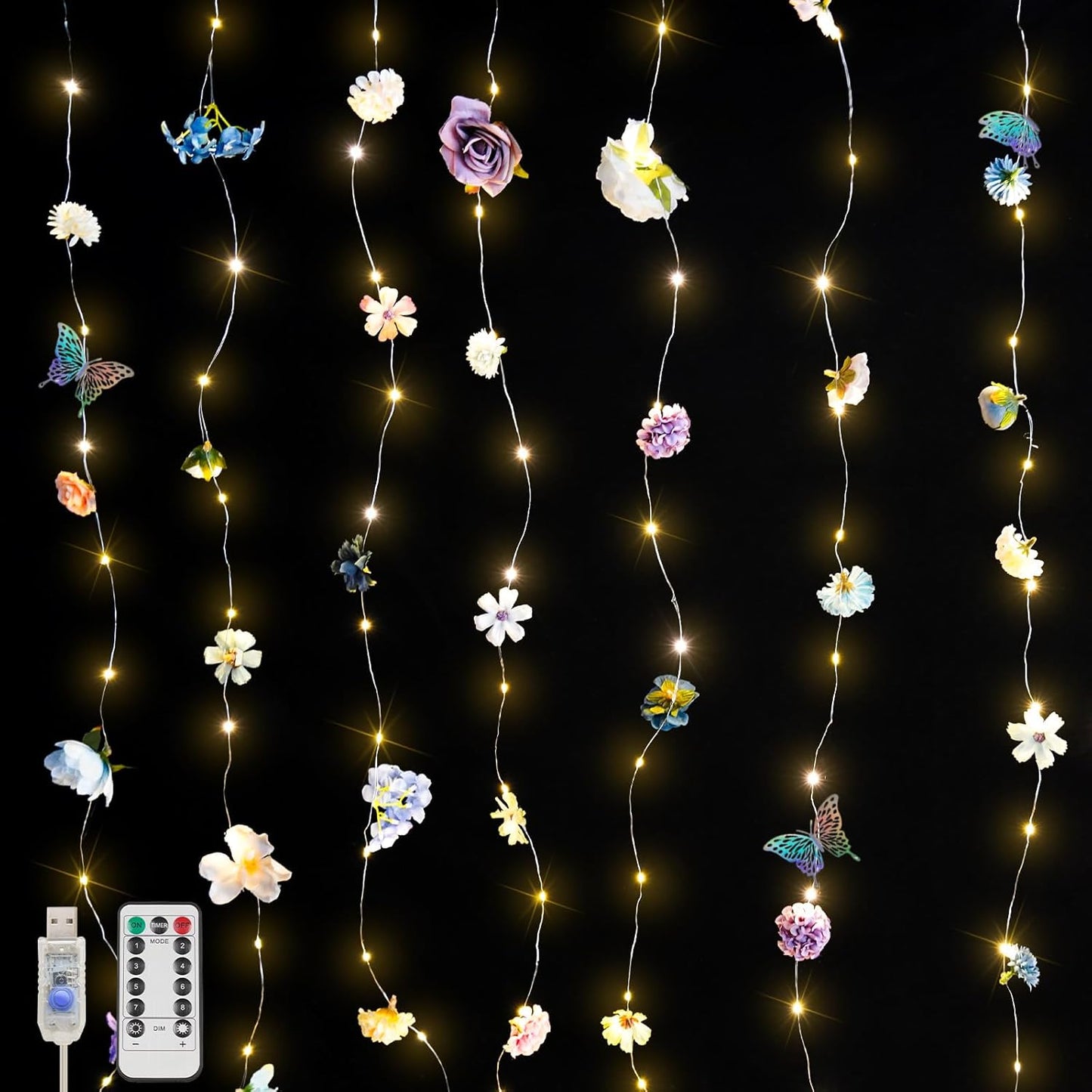 Suddus DIY Curtain Lights Kit - 200 LED Fairy String Lights with 3D Butterflies & Silk Flowers | Remote Control, 8 Modes, USB Powered, 6.5x6.5ft Warm White