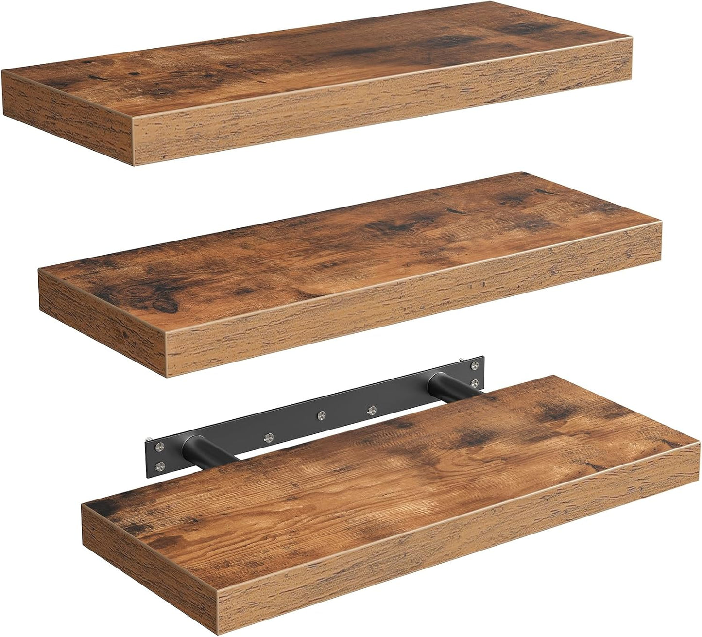 RALGEND Floating Wall Shelves - Set of 3 Rustic Brown 1.5" Thick with Invisible Brackets | 15.7L x 7.9W for Home Decor