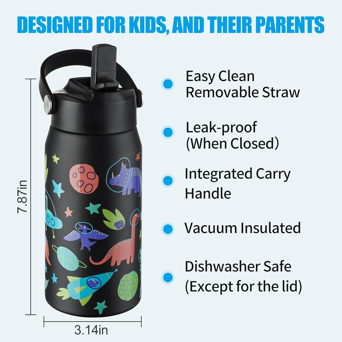 OLDLEY Kids Water Bottle - 18oz Insulated Stainless Steel | Leakproof, Non-Spill Design, Space Dinosaur
