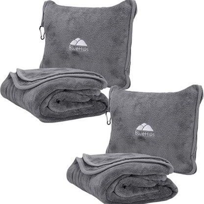 BlueHills 2-Pack Premium Soft Travel Blanket Pillow Airplane Blanket in Soft Bag Pillowcase with Hand Luggage Belt and Backpack Clip, Compact Pack Large Blankets for Any Travel (Grey Gray T013)