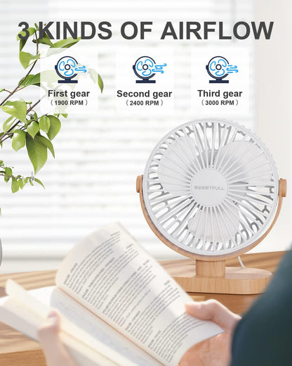 Sweetfull USB Desk Fan - 6.5 Inch Portable Mini Fan with 3 Speeds & 360° Adjustment | Quiet Operation in White Wood Grain