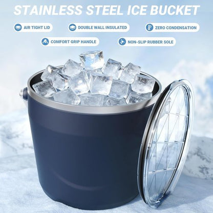 Insulated Beverage & Ice Bucket with Lid - Stainless Steel, Includes Scoop & Tongs, Holds 6 Longnecks or 3 Wine Bottles, Keeps Ice for Hours, Portable Handle for Parties & Outdoors (7.5L)
