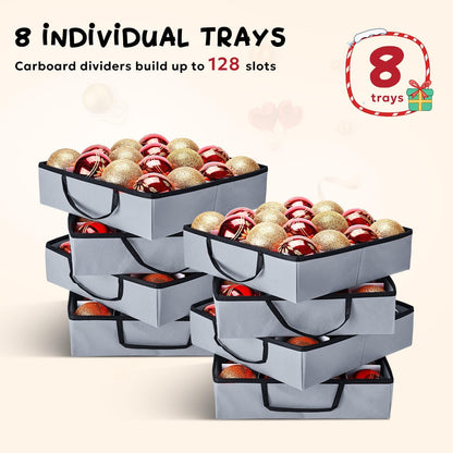 Mrrihand Ornament Storage Box - Dual Zipper Container for 128 Holiday Ornaments | 8 Trays, Grey