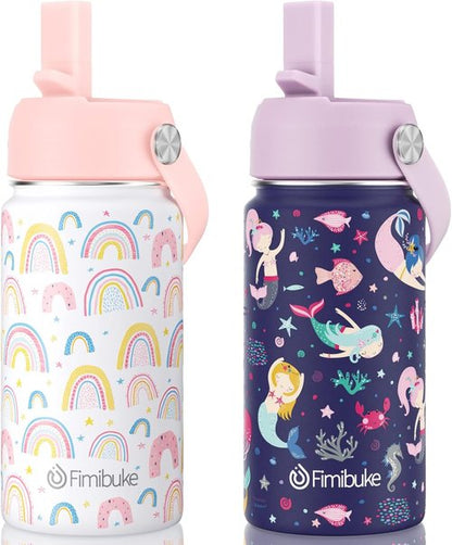 Fimibuke Kids Insulated Water Bottle - 14oz BPA-Free Double Wall Tumbler | Leak-Proof Metal Cups (2 Pack, Rainbow/Mermaid)
