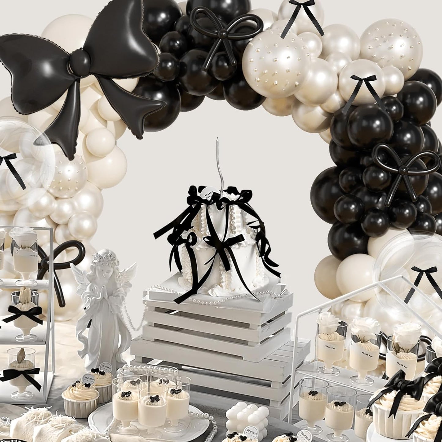Skiennix Black Bow Birthday Decorations - 187-Piece Black and White Balloon Arch Kit with Pearl Balloons & Ribbons