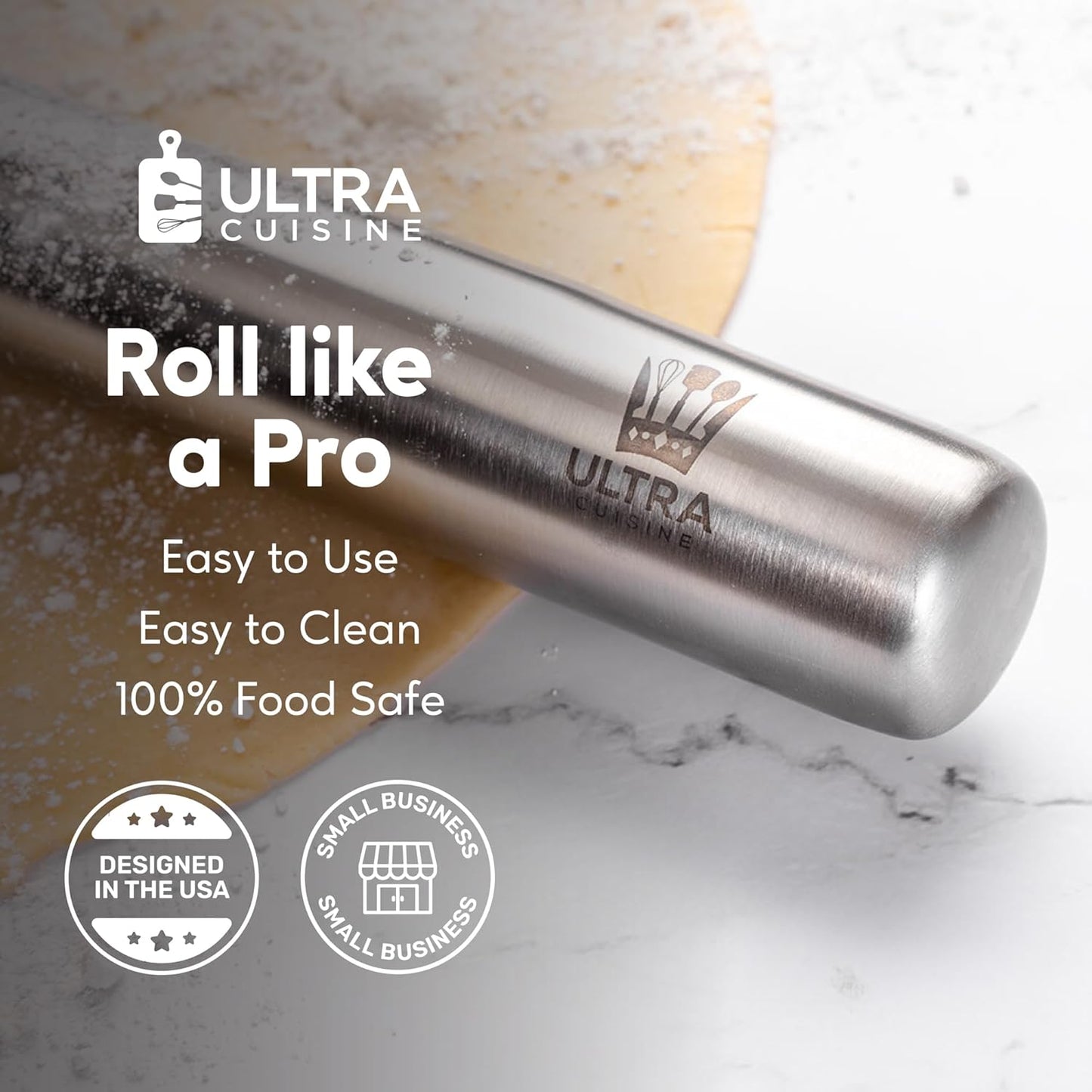 Ultra Cuisine French Rolling Pin - Tapered Design for Baking Pizza, Cookies & Pastries | 15.75-Inch Stainless Steel