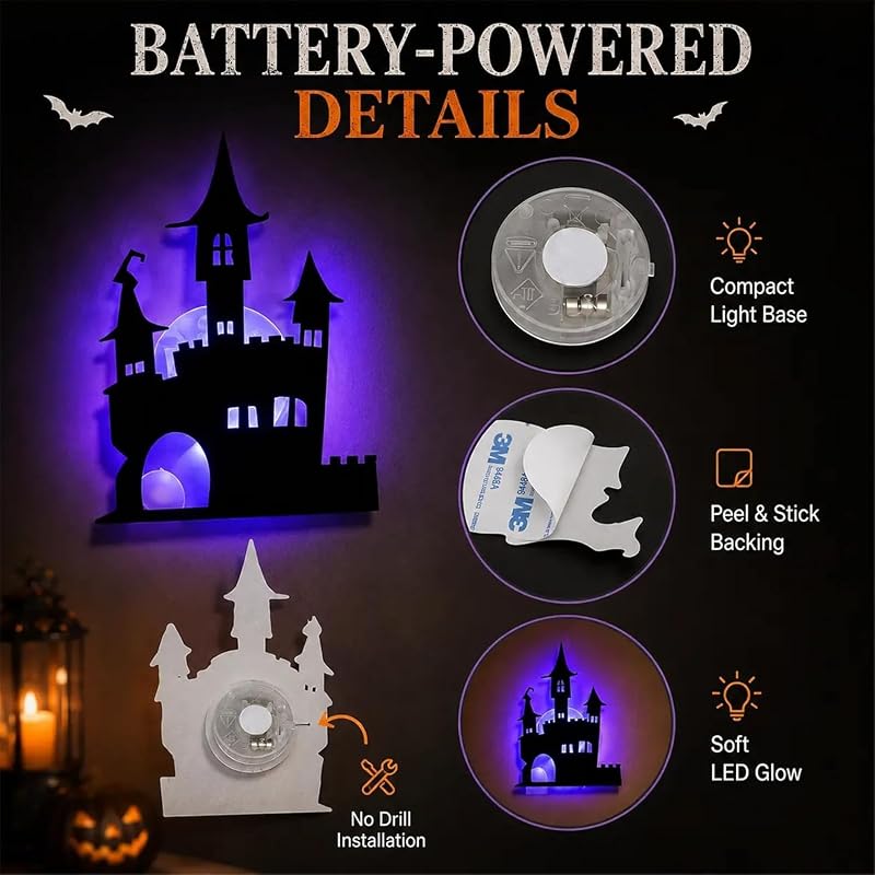3Set Halloween Silhouette Wall Lights 3D LED Stickers - Spooky Wall Decals