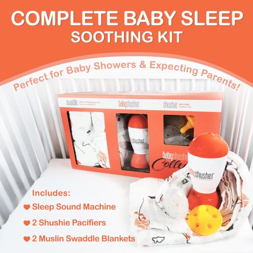 Baby Shusher Collection | Baby Shusher Sleep Sound Machine & 2 Shushie Pacifier & 2 Muslin Swaddle Blanket | Baby Registry Newborn Essentials