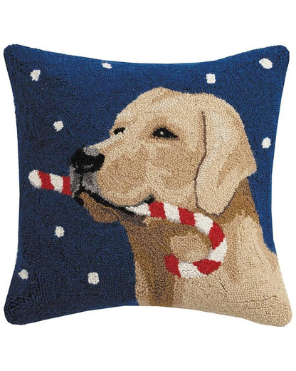 Throw Pillow 18x18 - Yellow Labrador Retriever Christmas Candy Cane Wool Hooked