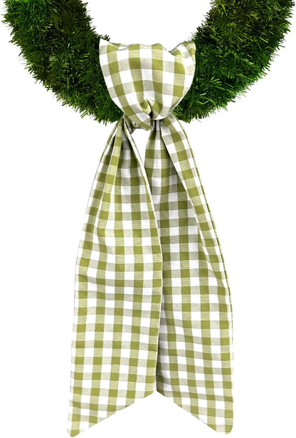Spring Holiday Wreath Sash - Green Burlap Check Plaid Decor for Front Door & Events