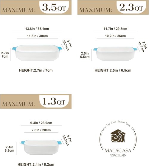 MALACASA Casserole Dishes Set of 3 - Ceramic Baking Pans with Handles | Rectangular Lasagna Pans in White with Blue Trim (13.8''/11.7''/9.4'')