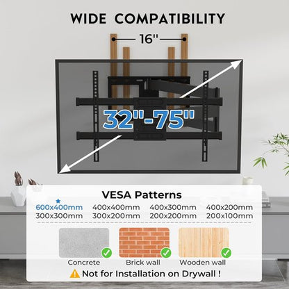 BONTEC Corner TV Wall Mount - Full Motion Dual Arm Bracket for 32-75 Inch TVs | 40.9” Extension, 132 lbs Capacity