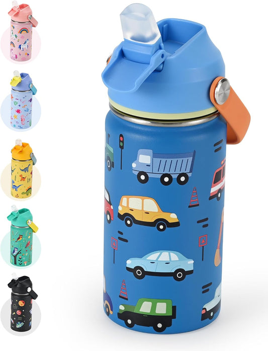 Skiennix Kids Water Bottle 14oz - Insulated Stainless Steel with Silicone Straw Lid | Leak-Proof Cars & Trucks Design, Custom Name Tag for School & Travel