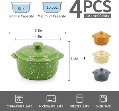 Skiennix Ceramic Mini Cocotte Set - 10 Oz Individual Casserole Dishes with Handles & Lid | Assorted Colors