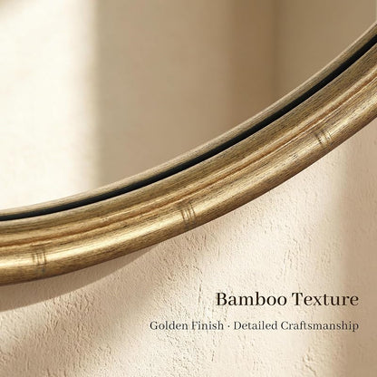 24 Inch Gold Round Wall Mirror with Bamboo Textured Frame - Decorative Vanity Circle Mirror (24"L x 24"W)