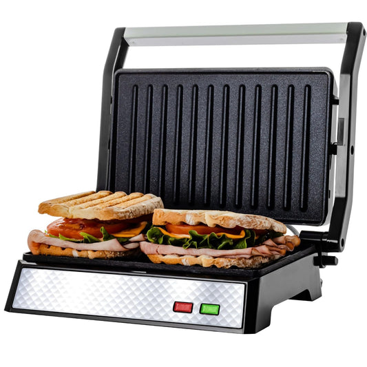 OVENTE Electric Panini Press Sandwich Maker with Non-Stick Coated Plates, Opens 180 Degrees to Fit Any Type or Size of Food, 1000W Indoor Grill Perfect for Quesadillas, Burgers & More, Silver GP0620BR