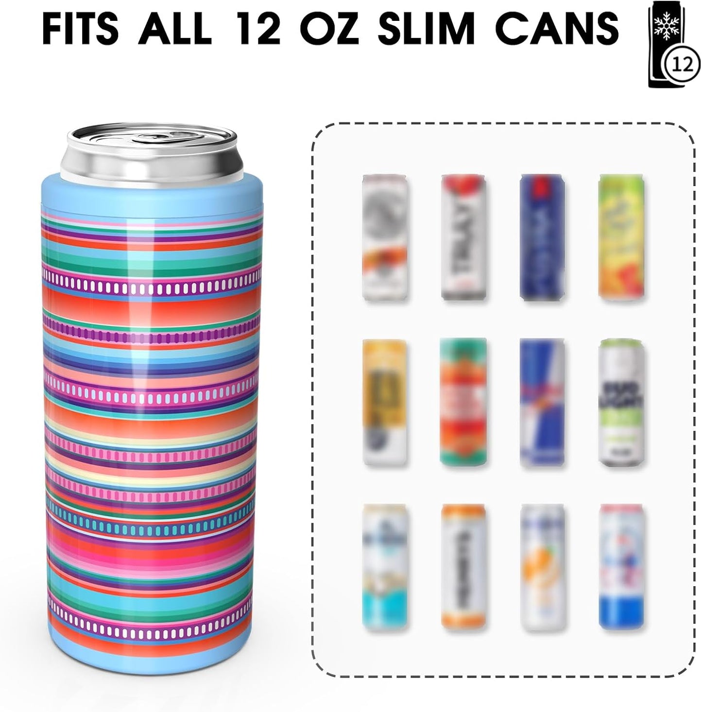 TILUCK Slim Can Cooler - Double-Walled Stainless Steel Insulator for 12 oz Cans | Colorful Stripes