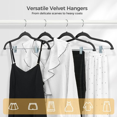 HOUSE DAY Velvet Hangers - Adjustable Clips & 360° Hook | 30 Pack Heavy-Duty Non-Slip Suit Organizer (Black)